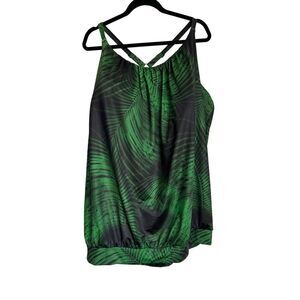 Swim by Cacique Top Womens Size 36 Black Green Palm Leaf No-Wire Blouson Tankini